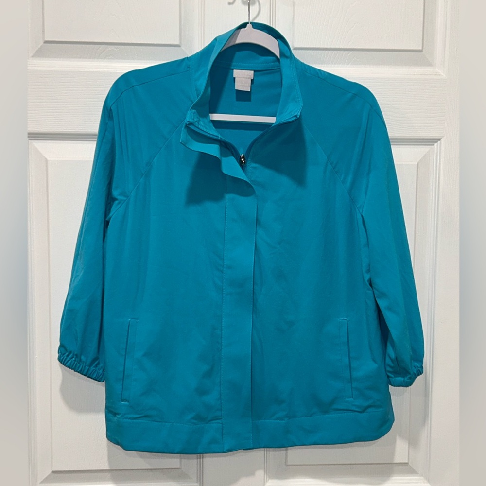 Chicos Jacket‎ Womens 1 (8/10) Turquoise Zenergy Mock Collar 3/4 Balloon Sleeves